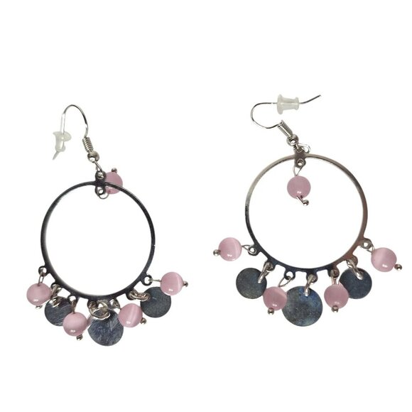 Silver Tone Hoop Earrings With Pink Beads - Picture 1 of 4